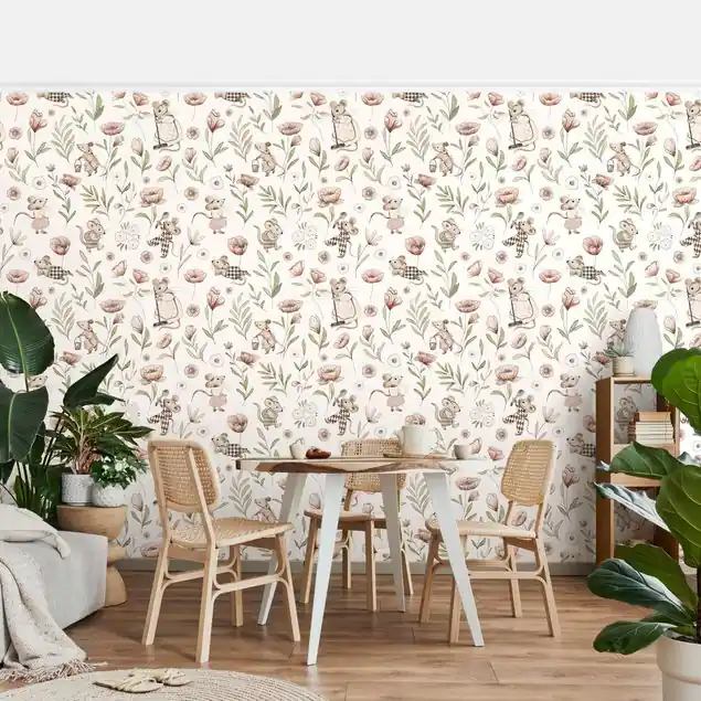 Mäuse und Mohnblumen Muster Weiß Fototapete • Vliestapete + Kleister • hergestellt in Deutschland Neue Kollektion