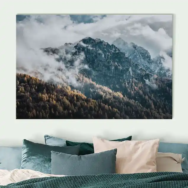 Berge und Wald an einem Herbstmorgen Akustikbild • 4 cm Massivholz-Keilrahmen • effektiver Akustikabsorberkern • für angenehme Raumakustik • gefertigt in Deutschland Saisonangebot