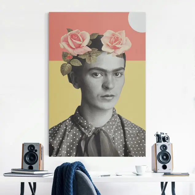 Jetzt Bestellen Frida Kahlo - Sonnenuntergang Collage Akustikbild • 4 cm Massivholz-Keilrahmen • effektiver Akustikabsorberkern • für angenehme Raumakustik • gefertigt in Deutschland