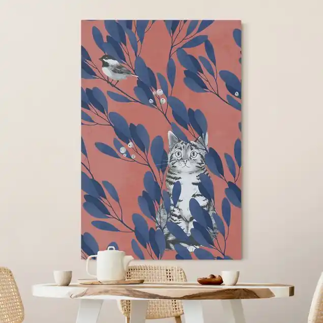 Illustration Katze und Vogel auf Ast Blau Rot                               Akustikbild • 4 cm Massivholz-Keilrahmen • effektiver Akustikabsorberkern • für angenehme Raumakustik • gefertigt in Deutschland Letzte Chance