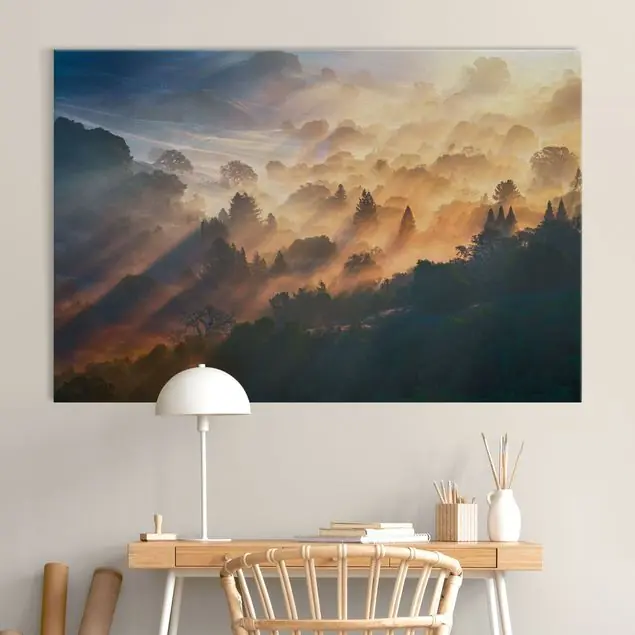 Goldene Stunde im Nebel Wald                               Akustikbild • 4 cm Massivholz-Keilrahmen • effektiver Akustikabsorberkern • für angenehme Raumakustik • gefertigt in Deutschland Zertifiziert