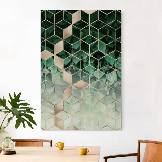 Gratis Versand Grüne Blätter goldene Geometrie Akustikbild • 4 cm Massivholz-Keilrahmen • effektiver Akustikabsorberkern • für angenehme Raumakustik • gefertigt in Deutschland