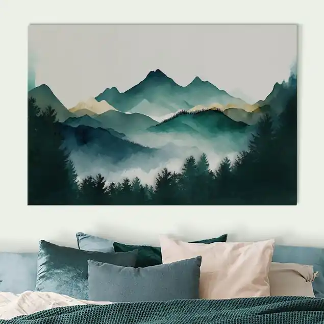 Aquarellierte Berglandschaft Akustikbild • 4 cm Massivholz-Keilrahmen • effektiver Akustikabsorberkern • für angenehme Raumakustik • gefertigt in Deutschland Schnäppchen
