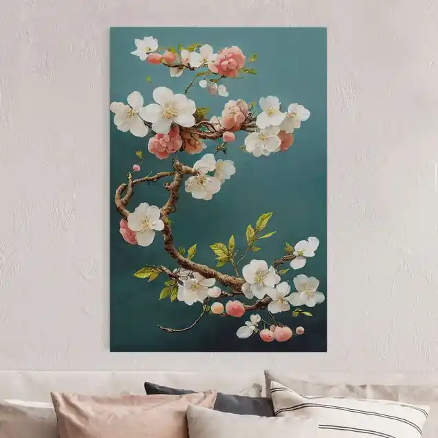 Zweig mit Blüten auf Türkis Akustikbild • 4 cm Massivholz-Keilrahmen • effektiver Akustikabsorberkern • für angenehme Raumakustik • gefertigt in Deutschland Kracherpreis