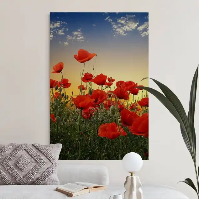 Kostenfreie Lieferung Mohnblumenfeld im Sonnenuntergang Akustikbild • 4 cm Massivholz-Keilrahmen • effektiver Akustikabsorberkern • für angenehme Raumakustik • gefertigt in Deutschland