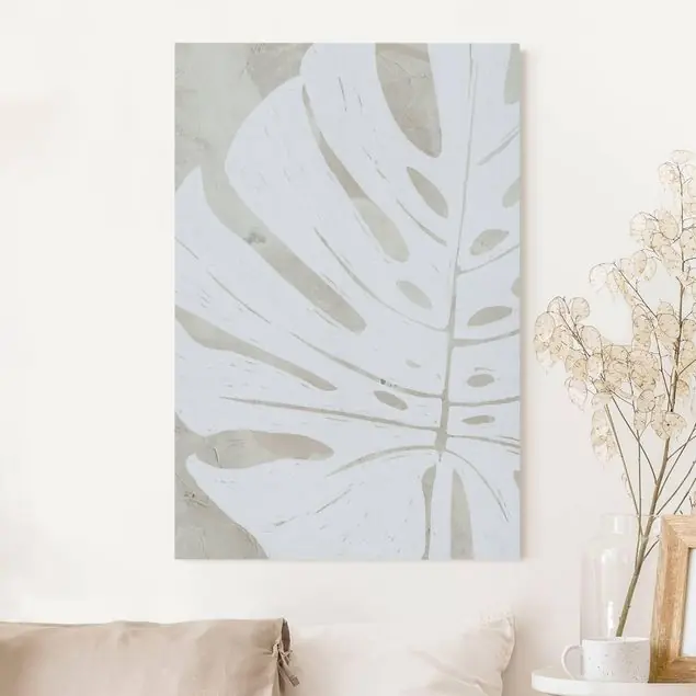 Monstera Silhouette auf Leinen Akustikbild • 4 cm Massivholz-Keilrahmen • effektiver Akustikabsorberkern • für angenehme Raumakustik • gefertigt in Deutschland Wochenendangebot