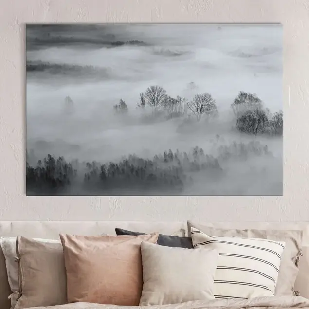 Nebel bei Sonnenaufgang Schwarz Weiß Akustikbild • 4 cm Massivholz-Keilrahmen • effektiver Akustikabsorberkern • für angenehme Raumakustik • gefertigt in Deutschland Top-Seller