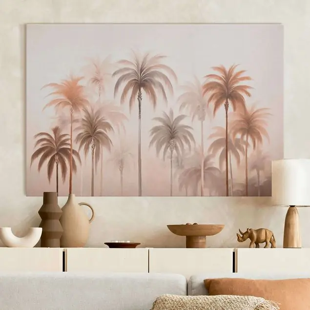 Rabatt Palmensilhouette in Rosa Akustikbild • 4 cm Massivholz-Keilrahmen • effektiver Akustikabsorberkern • für angenehme Raumakustik • gefertigt in Deutschland