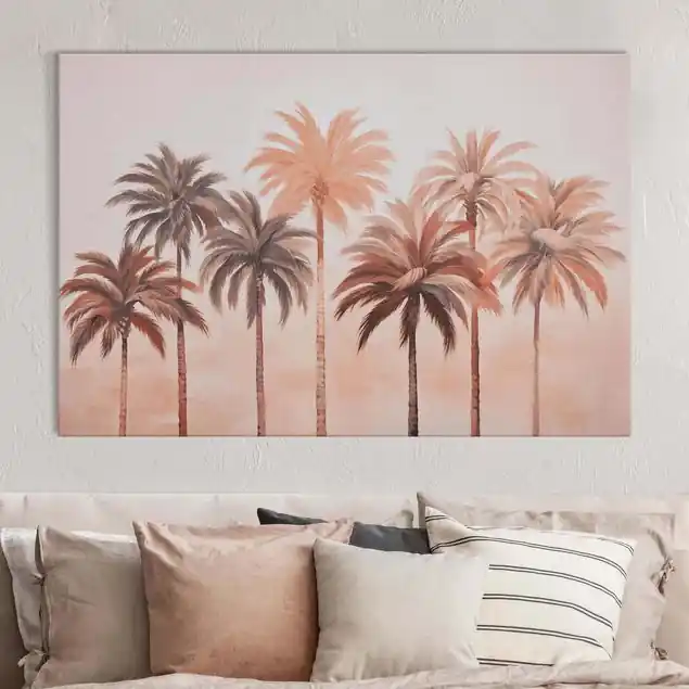 Expressversand Palmensilhouette in Rosa II Akustikbild • 4 cm Massivholz-Keilrahmen • effektiver Akustikabsorberkern • für angenehme Raumakustik • gefertigt in Deutschland