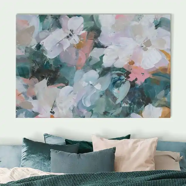 Pastellfarbene Blütenpracht gemalt Akustikbild • 4 cm Massivholz-Keilrahmen • effektiver Akustikabsorberkern • für angenehme Raumakustik • gefertigt in Deutschland Ausverkauf