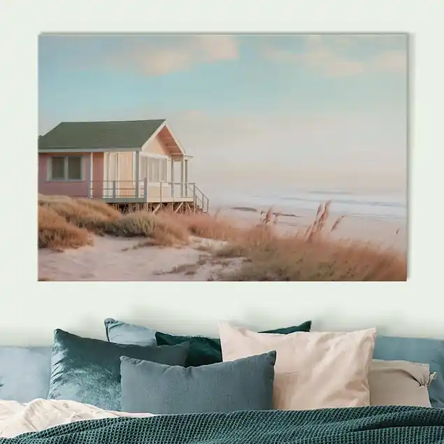 Sale Pastellfarbenes Strandhaus Akustikbild • 4 cm Massivholz-Keilrahmen • effektiver Akustikabsorberkern • für angenehme Raumakustik • gefertigt in Deutschland