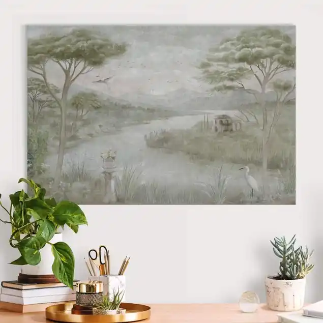 Top-Preis Pastellgrüne Landschaft mit Kranich Akustikbild • 4 cm Massivholz-Keilrahmen • effektiver Akustikabsorberkern • für angenehme Raumakustik • gefertigt in Deutschland