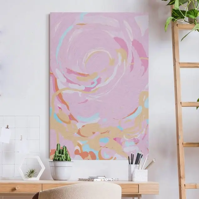 Pastellwirbel in Pink und Gelb Akustikbild • 4 cm Massivholz-Keilrahmen • effektiver Akustikabsorberkern • für angenehme Raumakustik • gefertigt in Deutschland Saisonangebot
