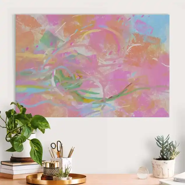 Pastellwirbel in Pink und Grün Akustikbild • 4 cm Massivholz-Keilrahmen • effektiver Akustikabsorberkern • für angenehme Raumakustik • gefertigt in Deutschland Bestpreis