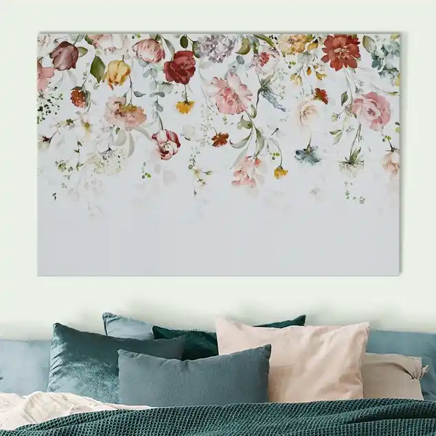 Rankende Blumen Aquarell Akustikbild • 4 cm Massivholz-Keilrahmen • effektiver Akustikabsorberkern • für angenehme Raumakustik • gefertigt in Deutschland Abverkauf