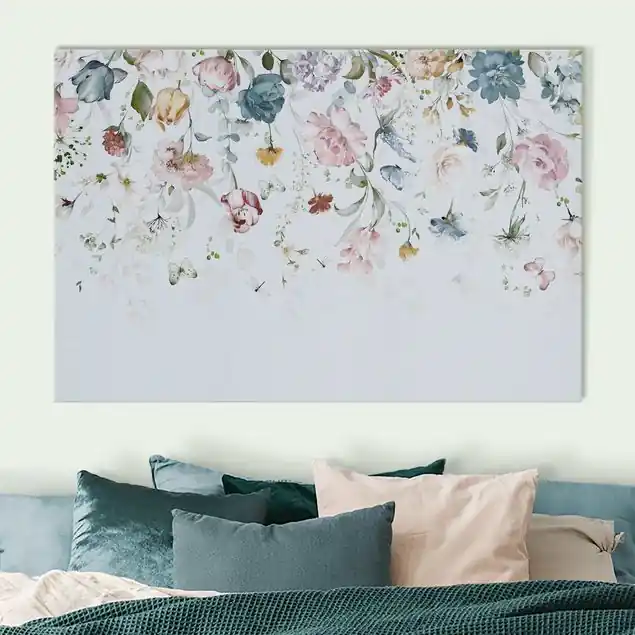 Rankende Blumen mit Schmetterlingen Aquarell Akustikbild • 4 cm Massivholz-Keilrahmen • effektiver Akustikabsorberkern • für angenehme Raumakustik • gefertigt in Deutschland Kostenfreie Lieferung
