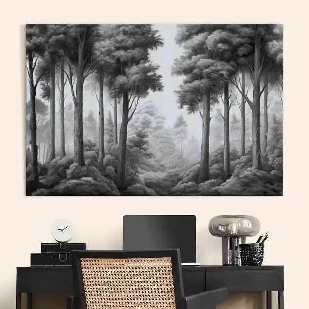 Romantische Waldlandschaft Schwarz-Weiß Akustikbild • 4 cm Massivholz-Keilrahmen • effektiver Akustikabsorberkern • für angenehme Raumakustik • gefertigt in Deutschland Solange Der Vorrat Reicht