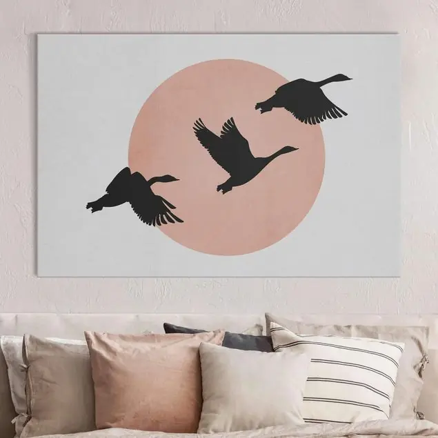 Sonderaktion Vögel vor rosa Sonne III Akustikbild • 4 cm Massivholz-Keilrahmen • effektiver Akustikabsorberkern • für angenehme Raumakustik • gefertigt in Deutschland