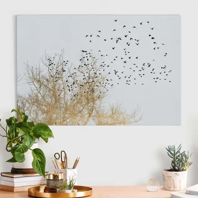 Wochenendangebot Vogelschwarm vor goldenem Baum Akustikbild • 4 cm Massivholz-Keilrahmen • effektiver Akustikabsorberkern • für angenehme Raumakustik • gefertigt in Deutschland