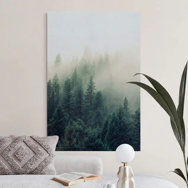 Wald im Nebel Erwachen Akustikbild • 4 cm Massivholz-Keilrahmen • effektiver Akustikabsorberkern • für angenehme Raumakustik • gefertigt in Deutschland Geprüft
