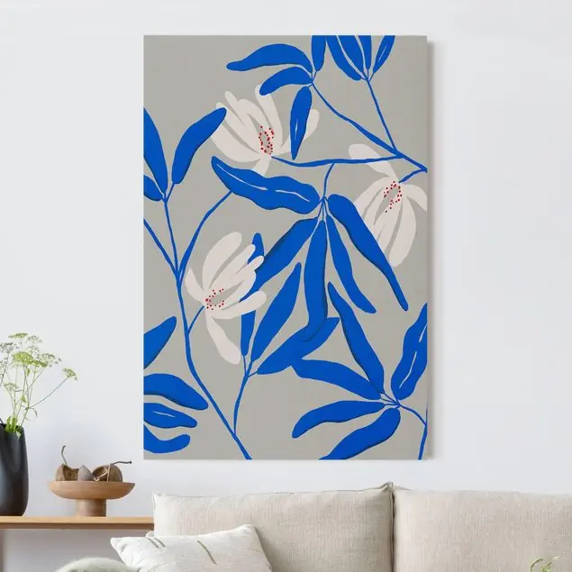 Weiße Blüten mit blauen Blättern Akustikbild • 4 cm Massivholz-Keilrahmen • effektiver Akustikabsorberkern • für angenehme Raumakustik • gefertigt in Deutschland Heißes Angebot