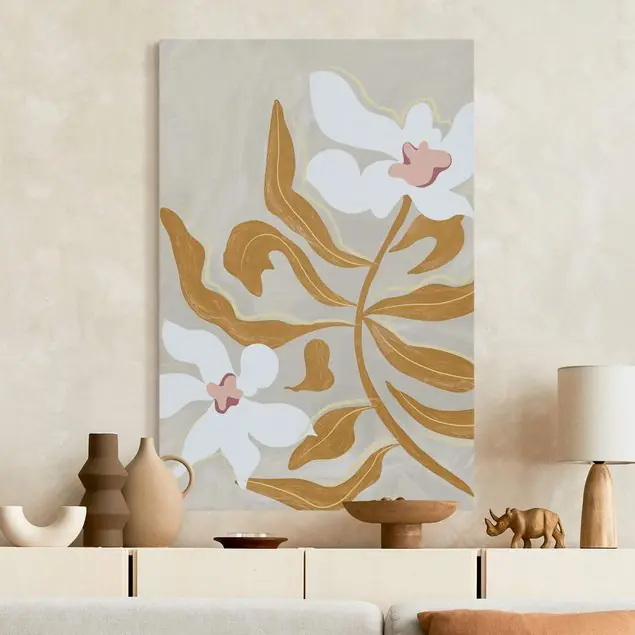 Top-Seller Weiße Blüten mit gelben Blättern II Akustikbild • 4 cm Massivholz-Keilrahmen • effektiver Akustikabsorberkern • für angenehme Raumakustik • gefertigt in Deutschland