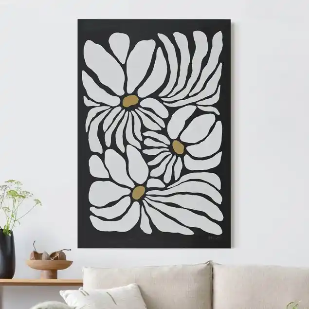 Expressversand Weiße Matisse Blüten auf Schwarz Akustikbild • 4 cm Massivholz-Keilrahmen • effektiver Akustikabsorberkern • für angenehme Raumakustik • gefertigt in Deutschland