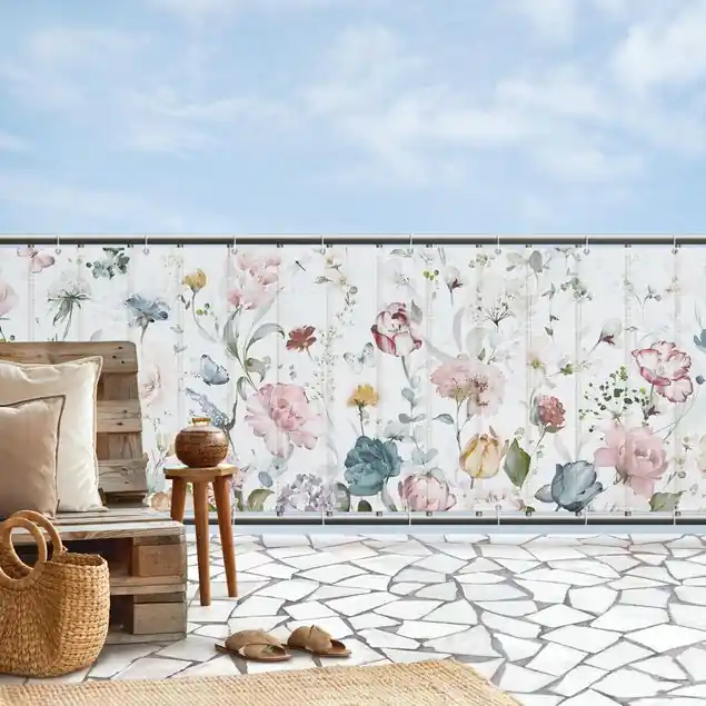 Sofort Bestellen Rankende Blumen mit Schmetterlingen Aquarell Balkon Sichtschutz • winddurchlässiges Mesh • fertig geöst & inkl. Kabelbinder • Schutzbeschichtung • verstärkte Ränder • gefertigt in Deutschland