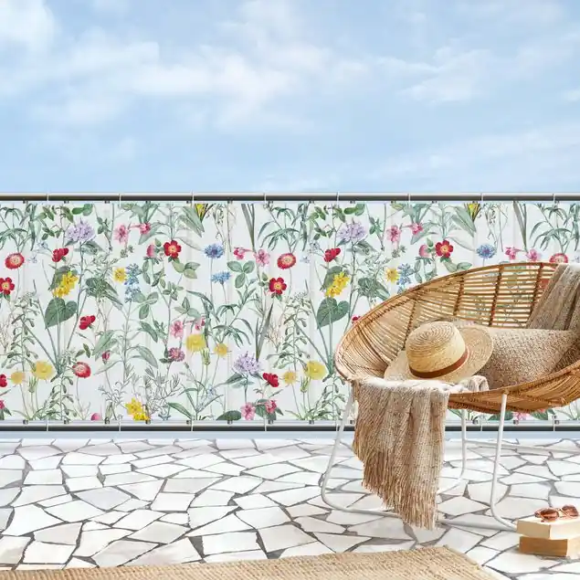 Letzte Chance Wildblumen auf Weiß Balkon Sichtschutz • winddurchlässiges Mesh • fertig geöst & inkl. Kabelbinder • Schutzbeschichtung • verstärkte Ränder • gefertigt in Deutschland