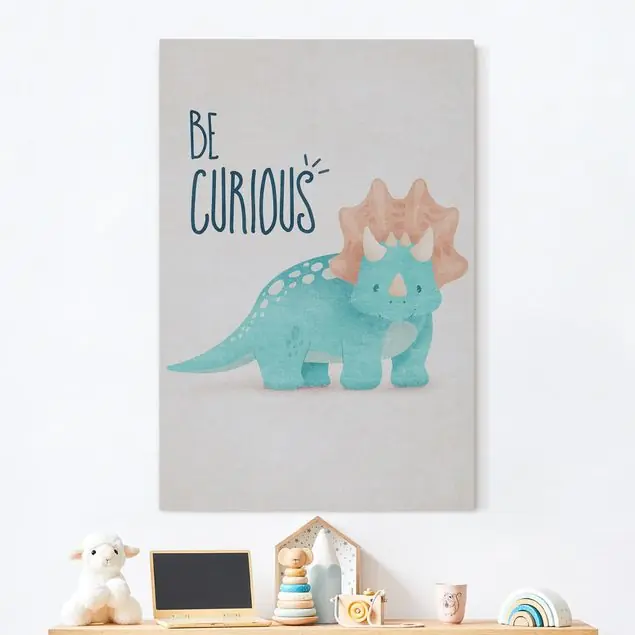 Süße Dinos - Be curious Akustikbild • 4 cm Massivholz-Keilrahmen • effektiver Akustikabsorberkern • für angenehme Raumakustik • gefertigt in Deutschland Preisreduziert