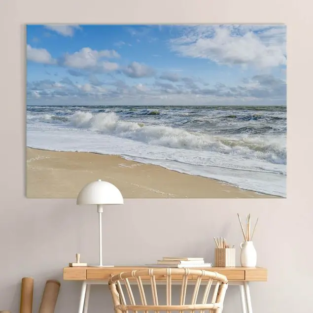 Sylt Küste mit Wellen und Sandstrand Akustikbild • 4 cm Massivholz-Keilrahmen • effektiver Akustikabsorberkern • für angenehme Raumakustik • gefertigt in Deutschland Top-Preis