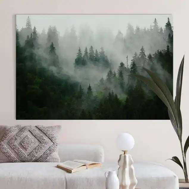 Tiefgrüner Tannenwald im Nebel Akustikbild • 4 cm Massivholz-Keilrahmen • effektiver Akustikabsorberkern • für angenehme Raumakustik • gefertigt in Deutschland Neu Im Sortiment