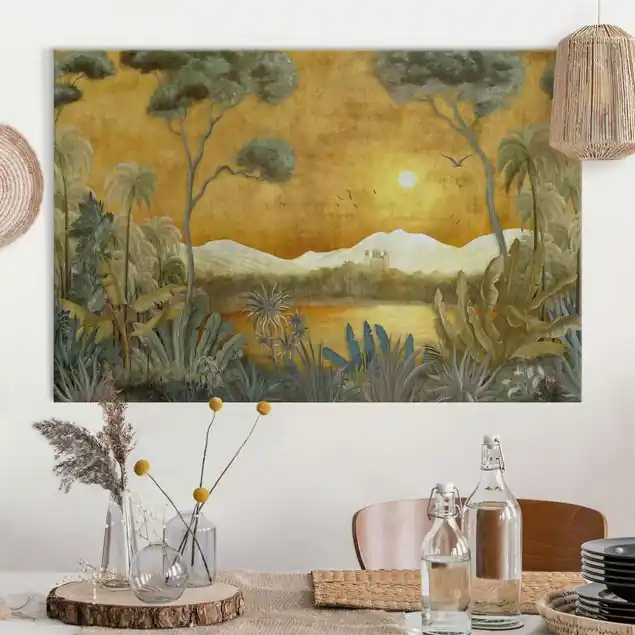 Finale Aktion Tropische Landschaft bei Sonnenuntergang Akustikbild • 4 cm Massivholz-Keilrahmen • effektiver Akustikabsorberkern • für angenehme Raumakustik • gefertigt in Deutschland