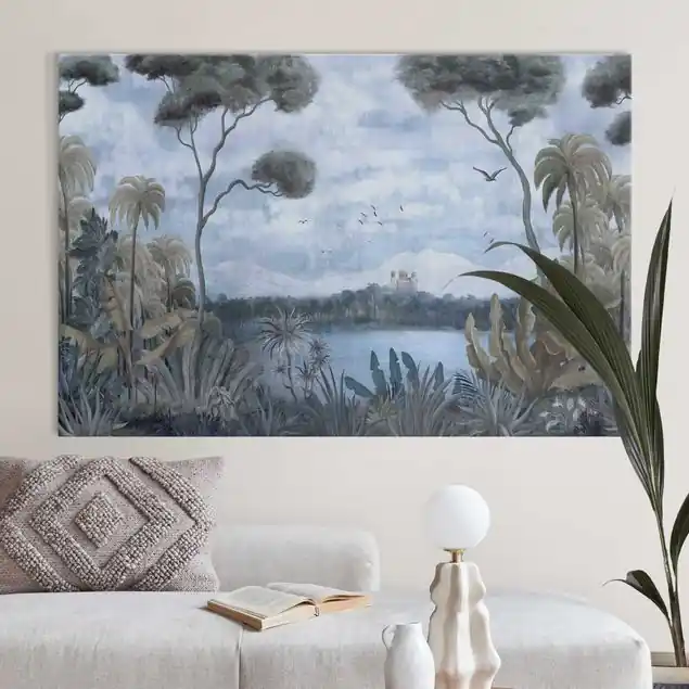Aktuell Tropische Ruhe mit Schlossblick Akustikbild • 4 cm Massivholz-Keilrahmen • effektiver Akustikabsorberkern • für angenehme Raumakustik • gefertigt in Deutschland