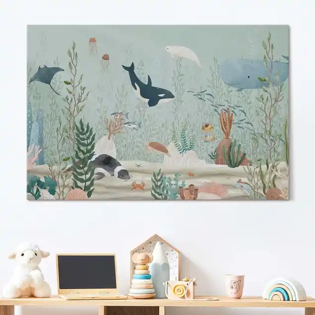Unterwasserwelt Pastell Akustikbild • 4 cm Massivholz-Keilrahmen • effektiver Akustikabsorberkern • für angenehme Raumakustik • gefertigt in Deutschland Markenprodukt