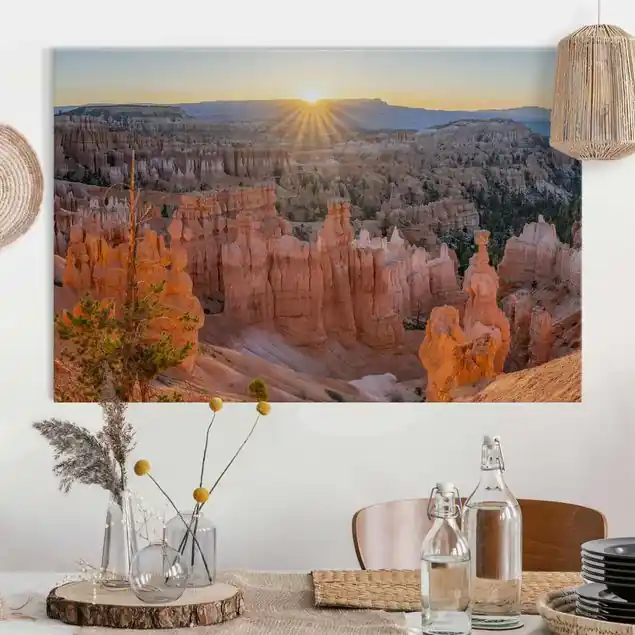 Jetzt Kaufen USA Canyon mit Felsen bei Sonnenaufgang Akustikbild • 4 cm Massivholz-Keilrahmen • effektiver Akustikabsorberkern • für angenehme Raumakustik • gefertigt in Deutschland
