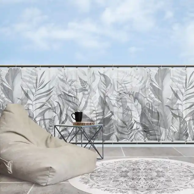 Neue Kollektion Botanik - Tropische Blätter Grau Balkon Sichtschutz • winddurchlässiges Mesh • fertig geöst & inkl. Kabelbinder • Schutzbeschichtung • verstärkte Ränder • gefertigt in Deutschland