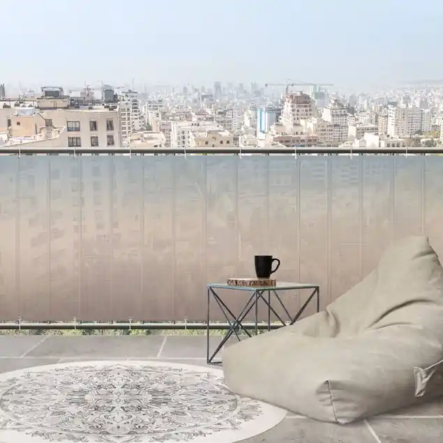 Billig Blau-Beige Farbverlauf Balkon Sichtschutz • winddurchlässiges Mesh • fertig geöst & inkl. Kabelbinder • Schutzbeschichtung • verstärkte Ränder • gefertigt in Deutschland