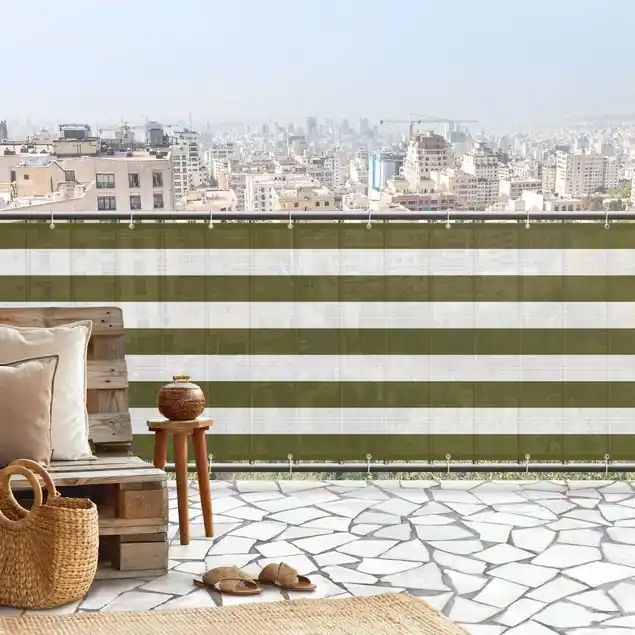 Günstig Querstreifen in Olive Grün Balkon Sichtschutz • winddurchlässiges Mesh • fertig geöst & inkl. Kabelbinder • Schutzbeschichtung • verstärkte Ränder • gefertigt in Deutschland