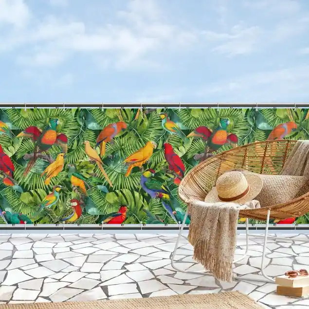 Begrenztes Angebot Bunte Collage - Papageien im Dschungel Balkon Sichtschutz • winddurchlässiges Mesh • fertig geöst & inkl. Kabelbinder • Schutzbeschichtung • verstärkte Ränder • gefertigt in Deutschland