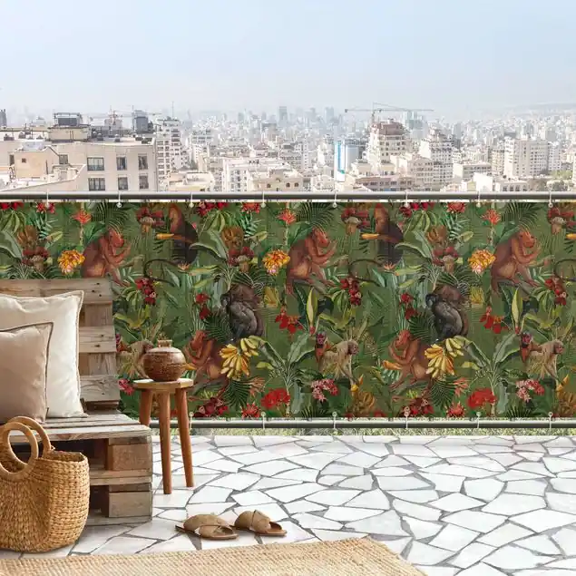 Tropische Blumen mit Affen Balkon Sichtschutz • winddurchlässiges Mesh • fertig geöst & inkl. Kabelbinder • Schutzbeschichtung • verstärkte Ränder • gefertigt in Deutschland Schnäppchen
