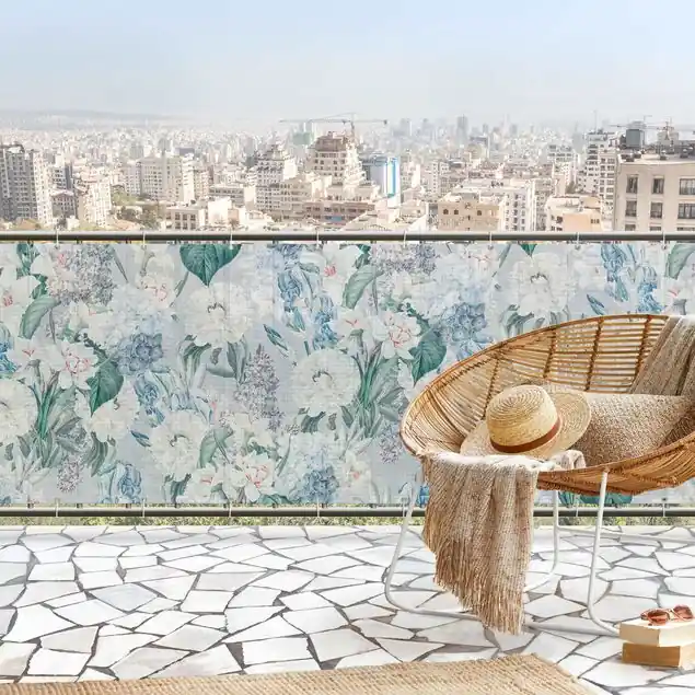 Neue Kollektion Lilien und Hortensien auf Blau Balkon Sichtschutz • winddurchlässiges Mesh • fertig geöst & inkl. Kabelbinder • Schutzbeschichtung • verstärkte Ränder • gefertigt in Deutschland