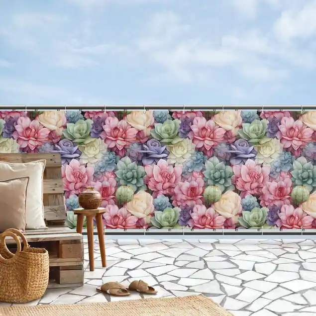 Top-Preis Farbenfrohes Blumenmuster Balkon Sichtschutz • winddurchlässiges Mesh • fertig geöst & inkl. Kabelbinder • Schutzbeschichtung • verstärkte Ränder • gefertigt in Deutschland
