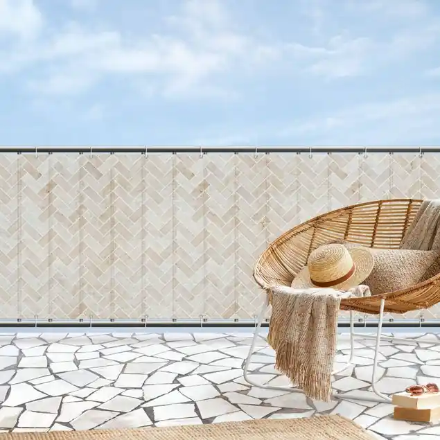 Kracherpreis Marmor Fischgräten Fliesen - Beige Balkon Sichtschutz • winddurchlässiges Mesh • fertig geöst & inkl. Kabelbinder • Schutzbeschichtung • verstärkte Ränder • gefertigt in Deutschland