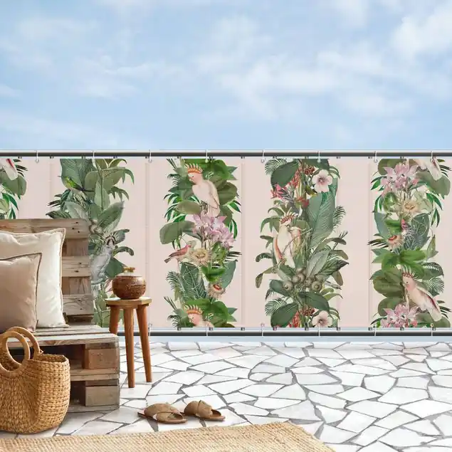 Kakadu in Grün auf Rosé Balkon Sichtschutz • winddurchlässiges Mesh • fertig geöst & inkl. Kabelbinder • Schutzbeschichtung • verstärkte Ränder • gefertigt in Deutschland Beliebt