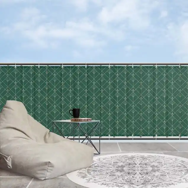 Art Deco Palme mit Bordüre Balkon Sichtschutz • winddurchlässiges Mesh • fertig geöst & inkl. Kabelbinder • Schutzbeschichtung • verstärkte Ränder • gefertigt in Deutschland Bestpreis