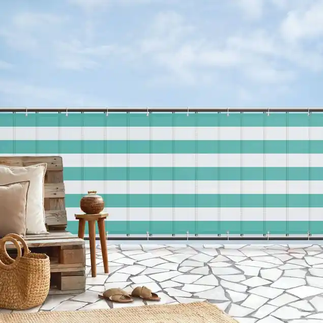 Preisknaller Querstreifen in Türkis Balkon Sichtschutz • winddurchlässiges Mesh • fertig geöst & inkl. Kabelbinder • Schutzbeschichtung • verstärkte Ränder • gefertigt in Deutschland
