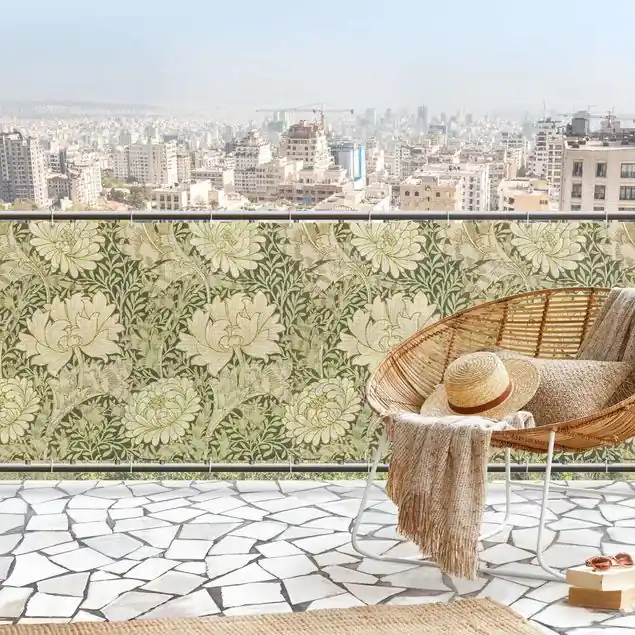 William Morris Muster - Große Blüten Balkon Sichtschutz • winddurchlässiges Mesh • fertig geöst & inkl. Kabelbinder • Schutzbeschichtung • verstärkte Ränder • gefertigt in Deutschland Begrenztes Angebot