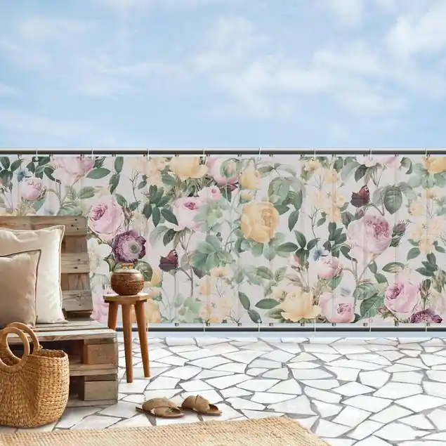 Rabatt Vintage Blumen Illustration XXL Balkon Sichtschutz • winddurchlässiges Mesh • fertig geöst & inkl. Kabelbinder • Schutzbeschichtung • verstärkte Ränder • gefertigt in Deutschland
