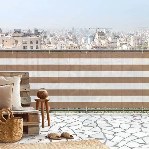 Markenware Querstreifen in Beige Balkon Sichtschutz • winddurchlässiges Mesh • fertig geöst & inkl. Kabelbinder • Schutzbeschichtung • verstärkte Ränder • gefertigt in Deutschland